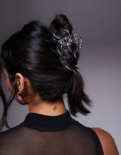 ASOS DESIGN Halloween spider hair claw in rhodium silver tone