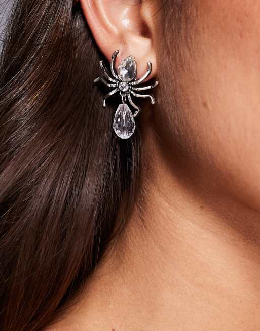 ASOS DESIGN Halloween Stud Earrings With Faux Crystal Spiders In Silver Tone