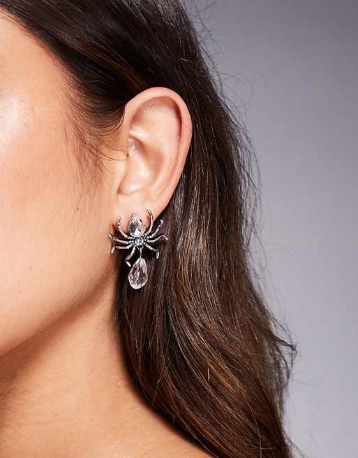 ASOS DESIGN Halloween stud earrings with faux crystal spiders in silver tone