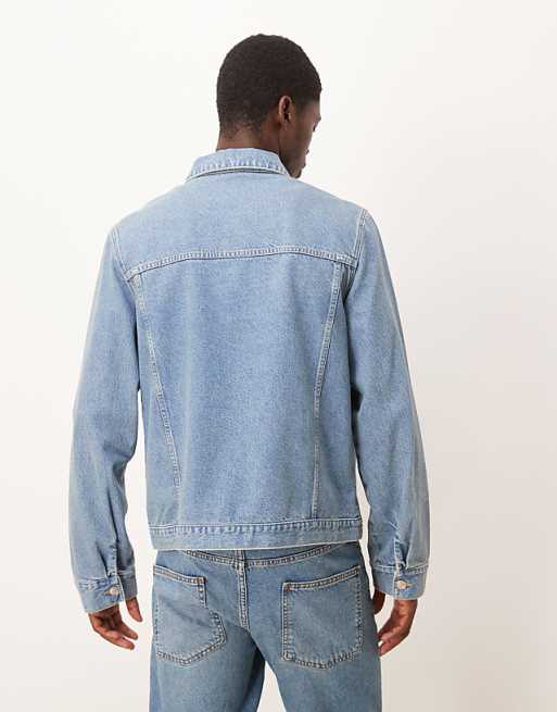 ASOS DESIGN Harrington Jacket In Light Wash Denim With Subtle Green Tint