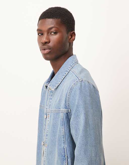 ASOS DESIGN Harrington Jacket In Light Wash Denim With Subtle Green Tint