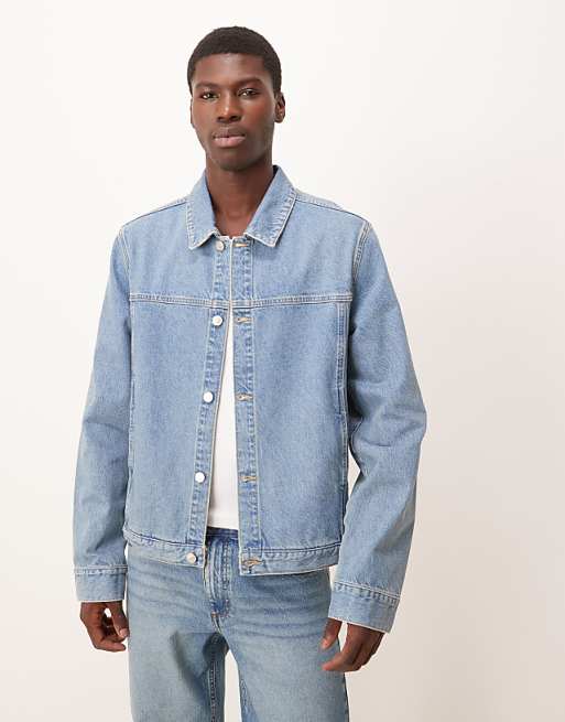 ASOS DESIGN harrington jacket in light wash denim with subtle green tint