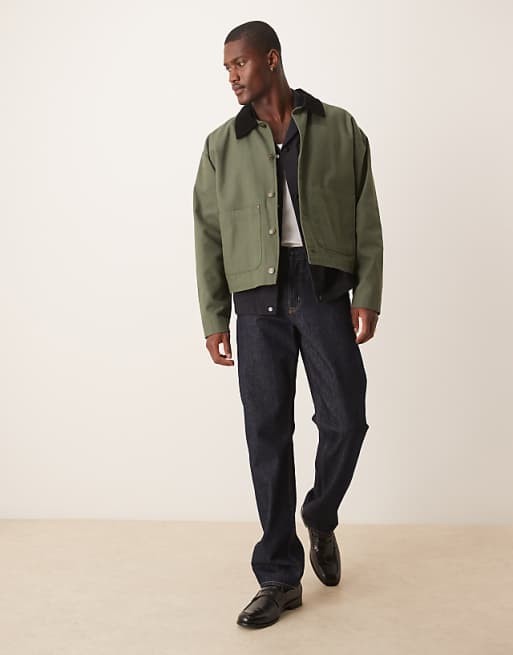 ASOS DESIGN Harrington Jacket With Cord Collar In Washed Khaki - KHAKI