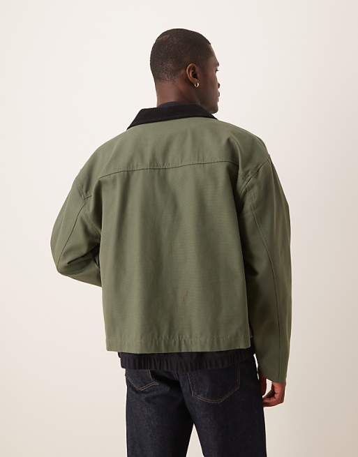 ASOS DESIGN Harrington Jacket With Cord Collar In Washed Khaki - KHAKI