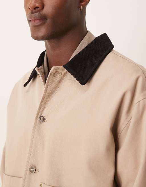 ASOS DESIGN Harrington Jacket With Cord Collar In Washed Stone - STONE