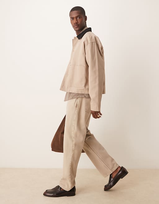 ASOS DESIGN Harrington Jacket With Cord Collar In Washed Stone - STONE