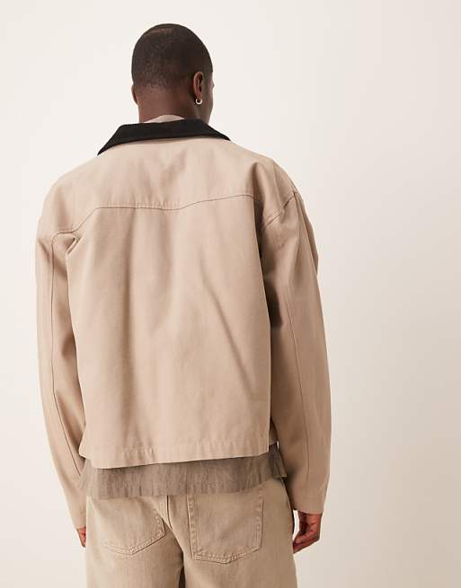 ASOS DESIGN Harrington Jacket With Cord Collar In Washed Stone - STONE