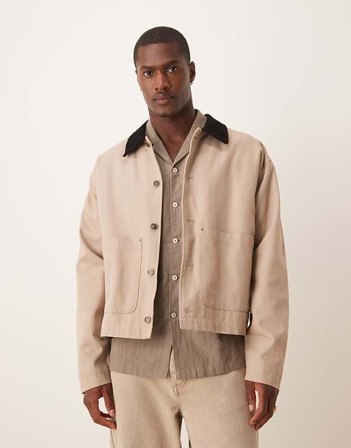 ASOS DESIGN harrington jacket with cord collar in washed stone - STONE