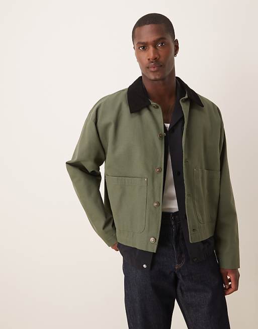 ASOS DESIGN harrington jacket with cord collar in washed khaki - KHAKI