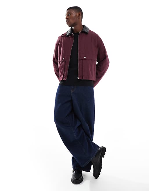 ASOS DESIGN Harrington Jacket With Faux Leather Collar In Burgundy