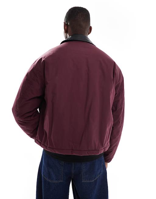 ASOS DESIGN Harrington Jacket With Faux Leather Collar In Burgundy