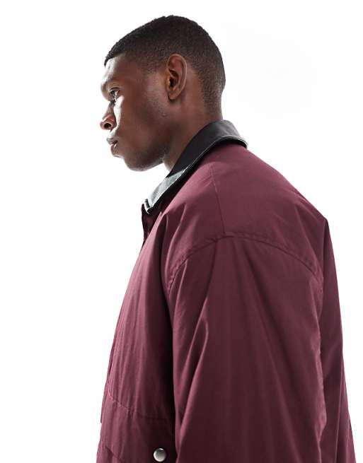 ASOS DESIGN Harrington Jacket With Faux Leather Collar In Burgundy