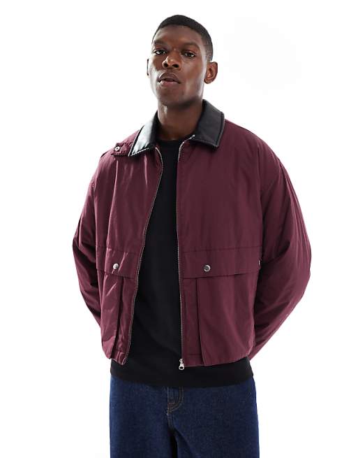 ASOS DESIGN harrington jacket with faux leather collar in burgundy