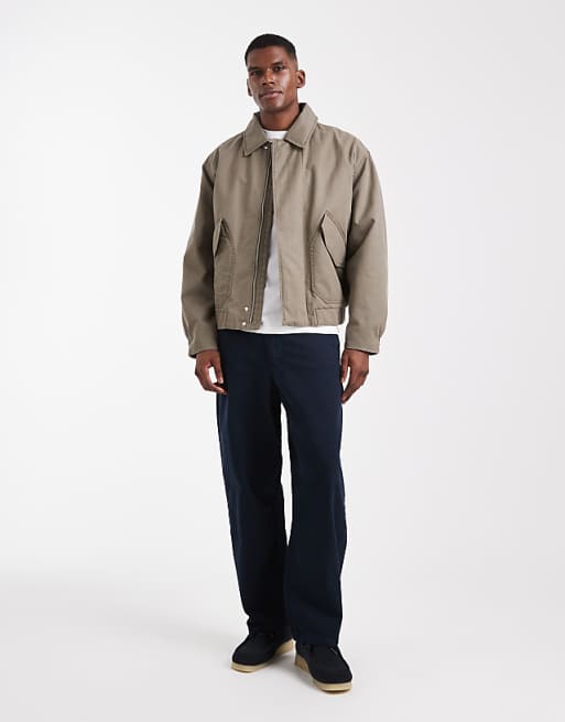 ASOS DESIGN Harrington Wax Jacket In Stone