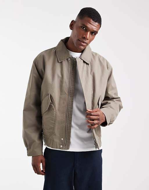 ASOS DESIGN harrington wax jacket in stone