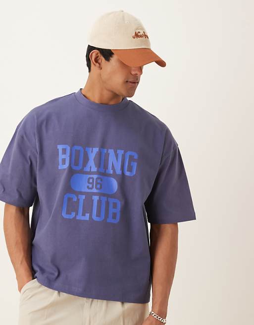 ASOS DESIGN heavyweight 240g oversized boxy t-shirt with boxing print detail in blue