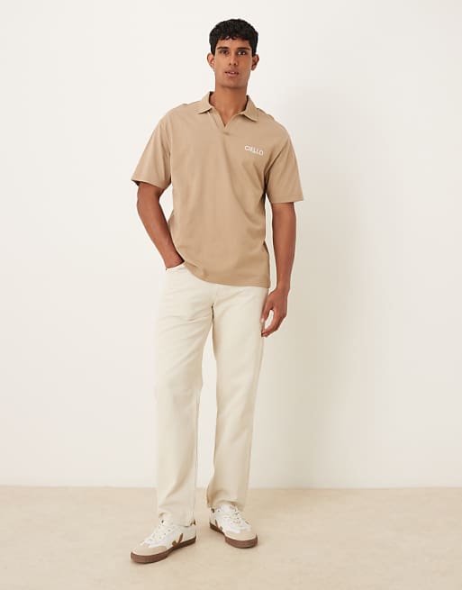 ASOS DESIGN Heavyweight 240g Relaxed Fit Polo Shirt With Print Detail In Greige