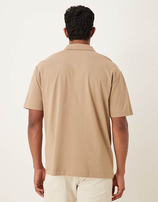 ASOS DESIGN Heavyweight 240g Relaxed Fit Polo Shirt With Print Detail In Greige