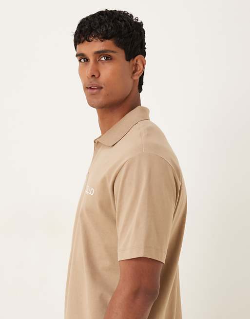 ASOS DESIGN Heavyweight 240g Relaxed Fit Polo Shirt With Print Detail In Greige