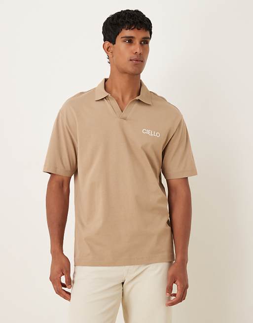 ASOS DESIGN heavyweight 240g relaxed fit polo shirt with print detail in greige