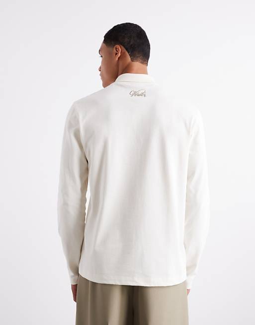 ASOS DESIGN Heavyweight 240gsm Long Sleeved Half Zip Polo With Embroidery Detail In Ecru