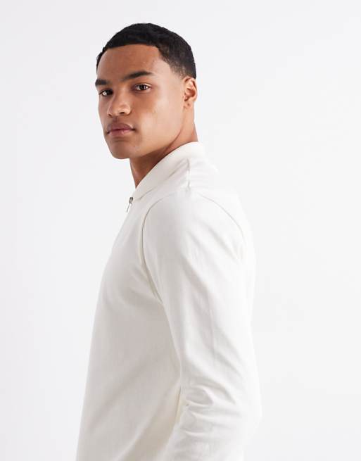 ASOS DESIGN Heavyweight 240gsm Long Sleeved Half Zip Polo With Embroidery Detail In Ecru