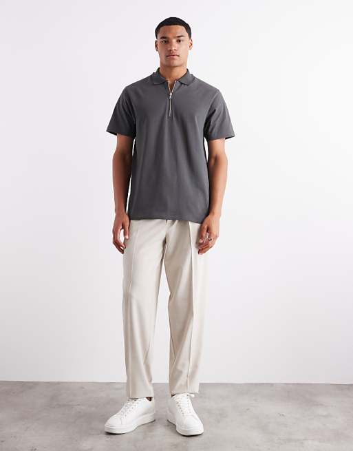 ASOS DESIGN Heavyweight 240gsm Long Sleeved Half Zip Polo With Embroidery Detail In Charcoal