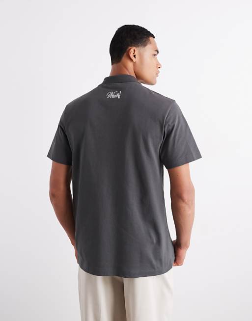 ASOS DESIGN Heavyweight 240gsm Long Sleeved Half Zip Polo With Embroidery Detail In Charcoal