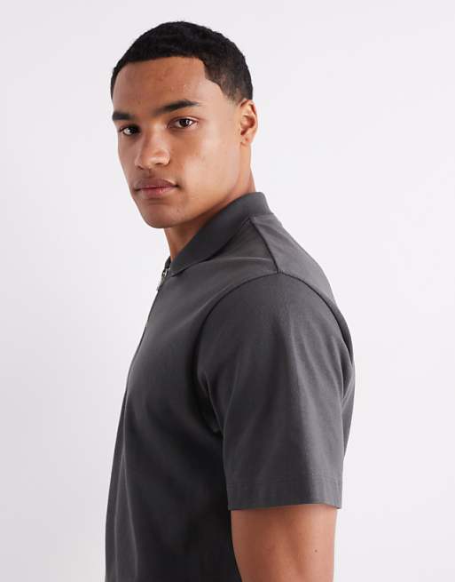 ASOS DESIGN Heavyweight 240gsm Long Sleeved Half Zip Polo With Embroidery Detail In Charcoal