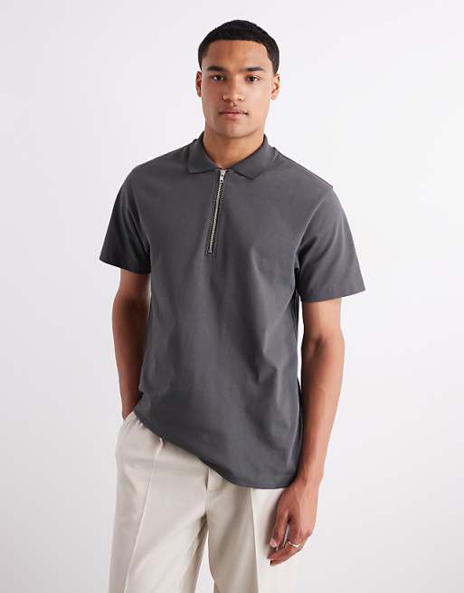 ASOS DESIGN heavyweight 240gsm long sleeved half zip polo with embroidery detail in charcoal