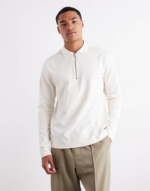ASOS DESIGN heavyweight 240gsm long sleeved half zip polo with embroidery detail in ecru