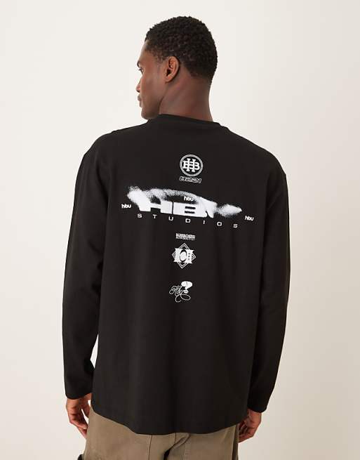 ASOS DESIGN heavyweight 240gsm long sleeved relaxed fit t-shirt with spine print in black