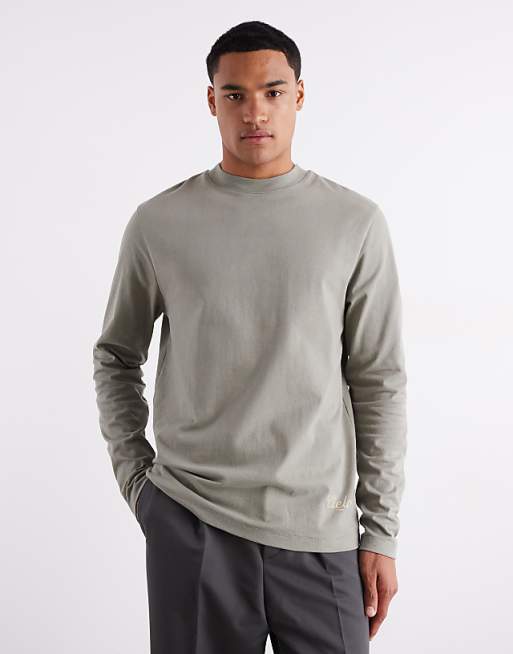 ASOS DESIGN heavyweight 240gsm long sleeved t-shirt with print detail in khaki