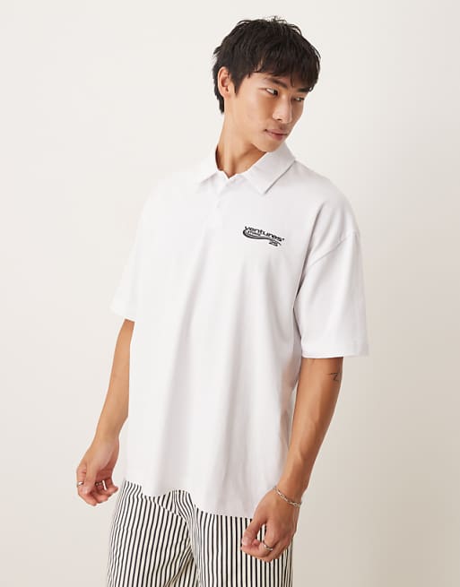 ASOS DESIGN heavyweight 240gsm polo shirt with print detail in white