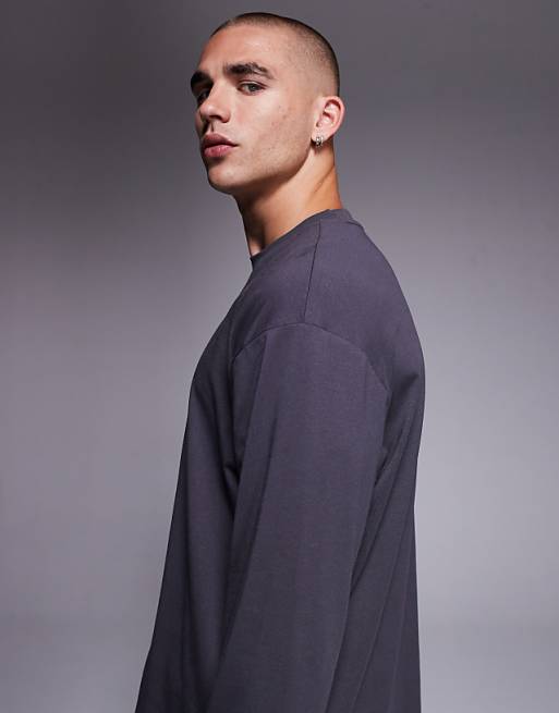 ASOS DESIGN Heavyweight 240gsm Relaxed Fit Long Sleeved T-shirt With Chest Print In Charcoal
