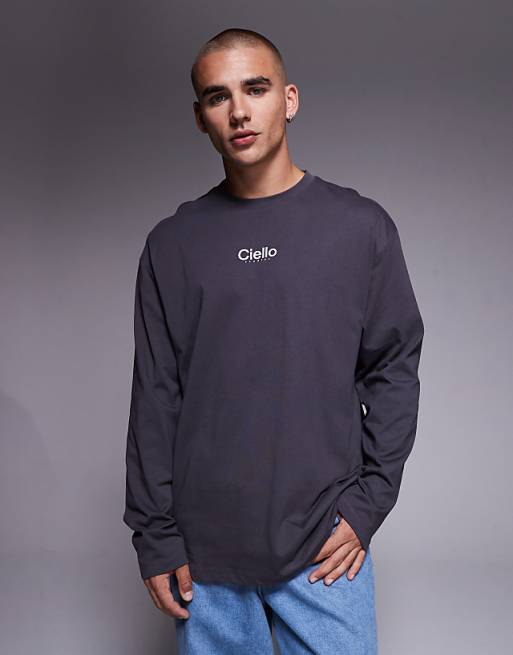 ASOS DESIGN heavyweight 240gsm relaxed fit long sleeved t-shirt with chest print in charcoal