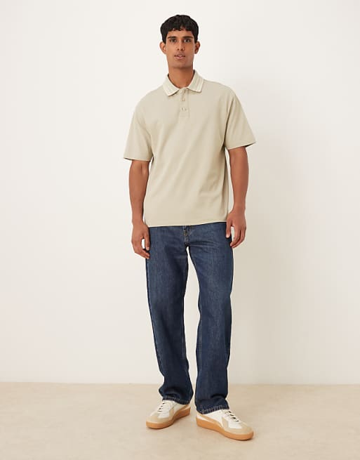 ASOS DESIGN Heavyweight 240gsm Relaxed Fit Polo Shirt With Tipping Detail In Khaki