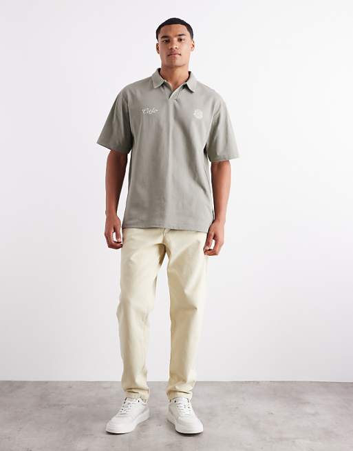 ASOS DESIGN Heavyweight 240gsm Relaxed Fit Polo With Chest Print In Khaki