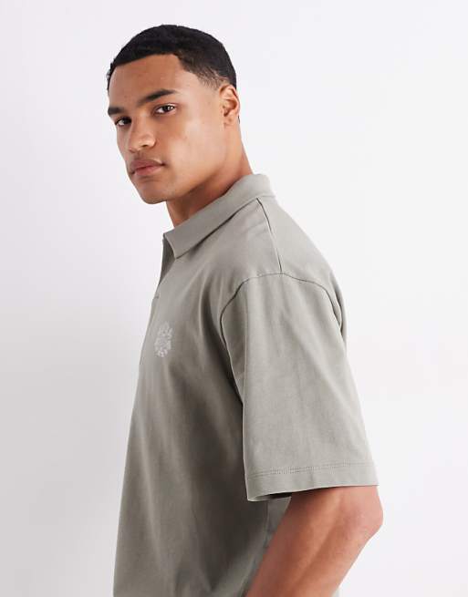 ASOS DESIGN Heavyweight 240gsm Relaxed Fit Polo With Chest Print In Khaki
