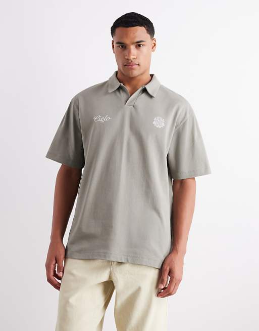 ASOS DESIGN heavyweight 240gsm relaxed fit polo with chest print in khaki