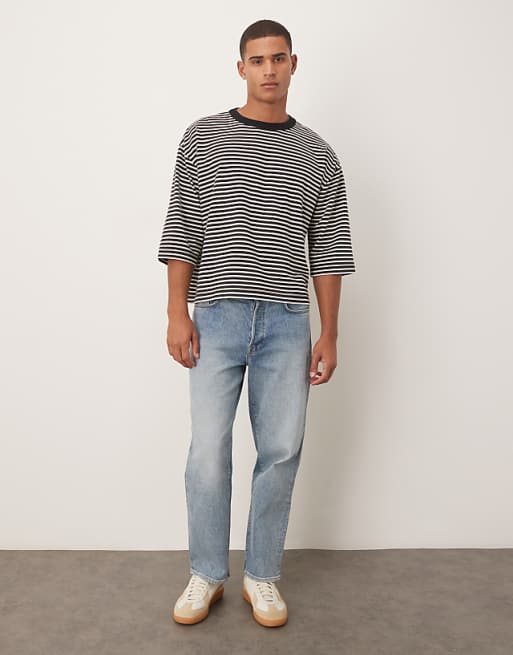 ASOS DESIGN Heavyweight Boxy Oversized Half Sleeve T-shirt In Black And White Stripe