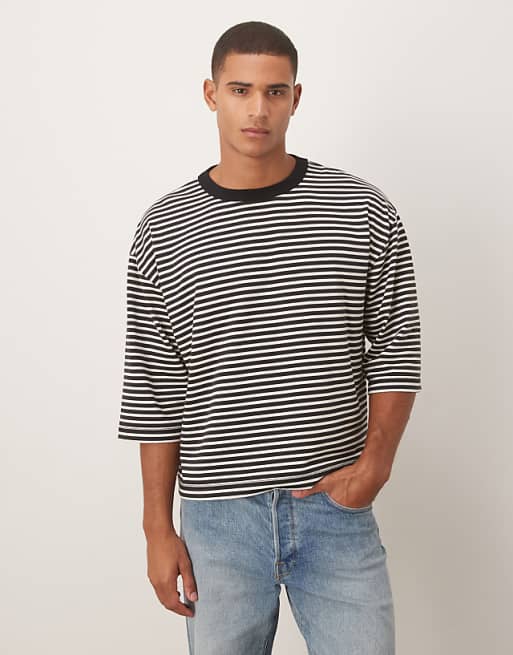 ASOS DESIGN heavyweight boxy oversized half sleeve t-shirt in black and white stripe