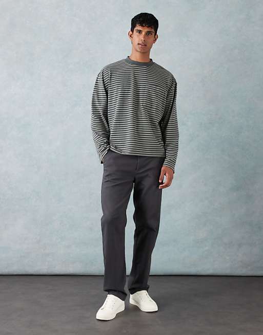 ASOS DESIGN Heavyweight Boxy Oversized Long Sleeve T-shirt With Pocket Detail In Green Thin Stripe