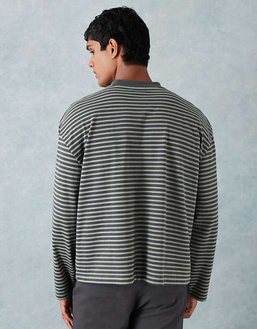 ASOS DESIGN Heavyweight Boxy Oversized Long Sleeve T-shirt With Pocket Detail In Green Thin Stripe