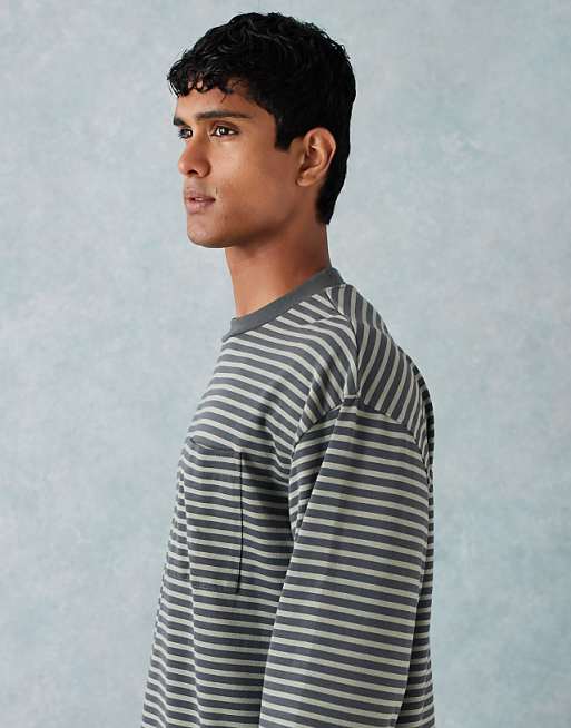 ASOS DESIGN Heavyweight Boxy Oversized Long Sleeve T-shirt With Pocket Detail In Green Thin Stripe