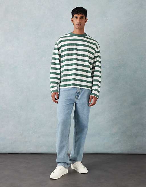 ASOS DESIGN Heavyweight Boxy Oversized Long Sleeve T-shirt In Green Stripe