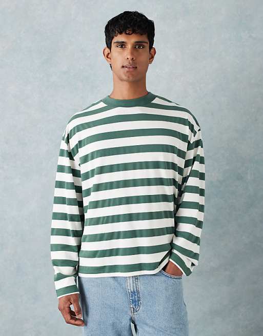 ASOS DESIGN heavyweight boxy oversized long sleeve t-shirt in green stripe