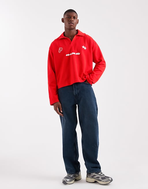 ASOS DESIGN Heavyweight Boxy Oversized Long Sleeve Polo With Dropped Shoulder And Sports Graphic In Red Pique