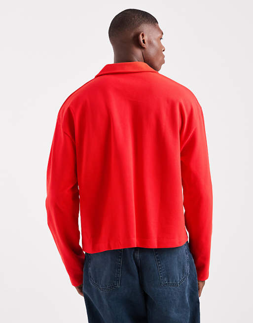 ASOS DESIGN Heavyweight Boxy Oversized Long Sleeve Polo With Dropped Shoulder And Sports Graphic In Red Pique