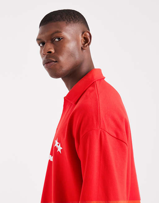 ASOS DESIGN Heavyweight Boxy Oversized Long Sleeve Polo With Dropped Shoulder And Sports Graphic In Red Pique